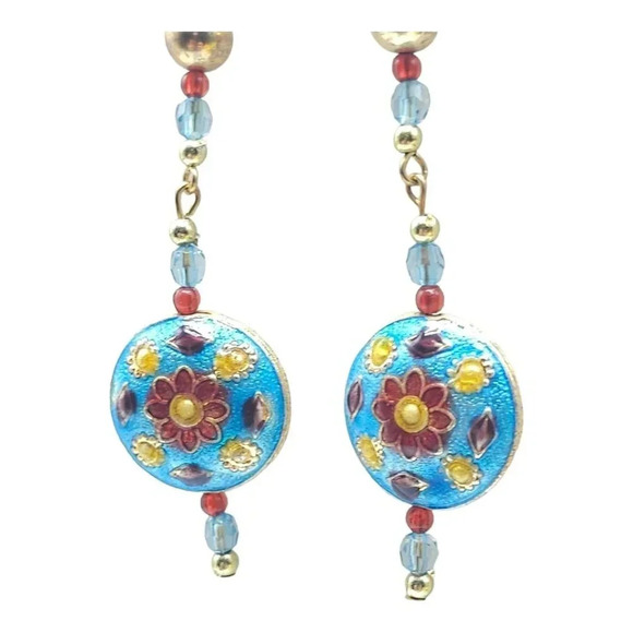 Flower Multi-Color Cloisonne Hand Painted Glass Bead Beaded Dangle Earrings - Picture 4 of 4